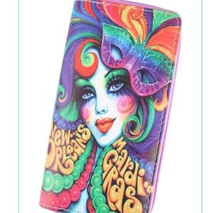 NWT Extremely Colorful New Orleans Mardi Gras Lady Zip Around Wallet!